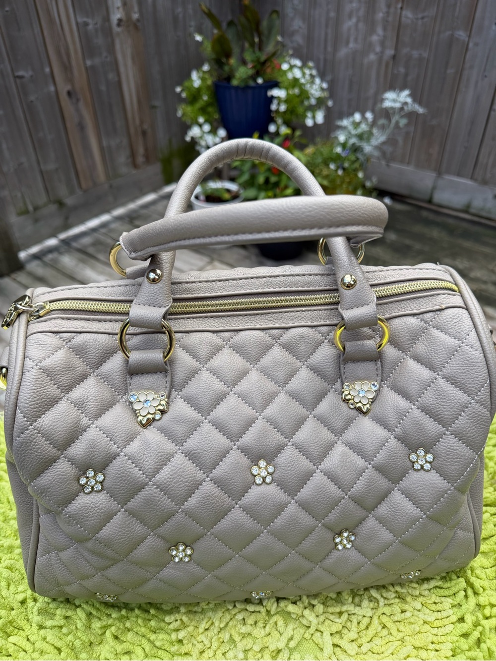 Betsy Johnson Quilted Pearl Flower Satchel Bag in Light Taupe